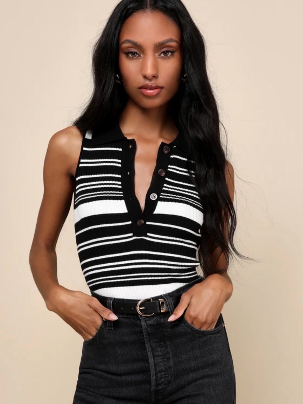Lulu's Black & White Striped Ribbed Polo Tank